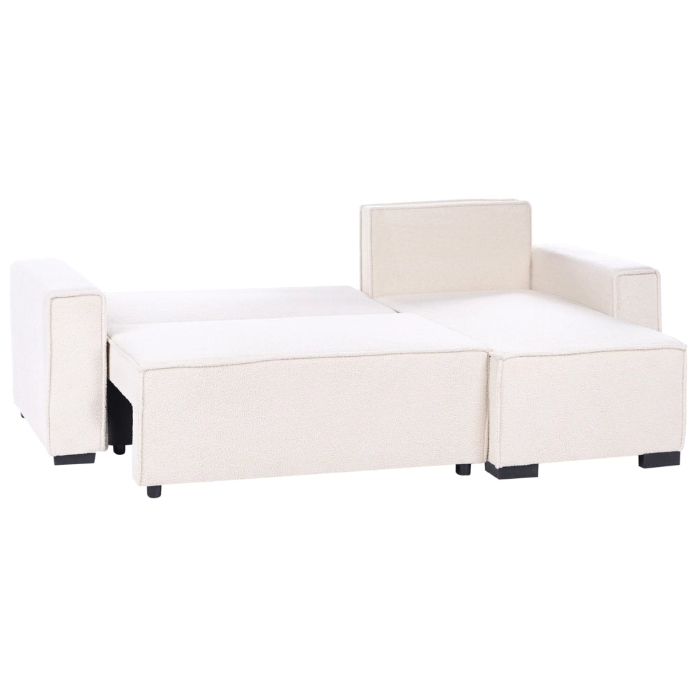 Divano letto angolare a 3 posti rivestimento in bouclé verde chiaro configurazione a sinistra con braccioli contenitori reversibile stile moderno per soggiorno
