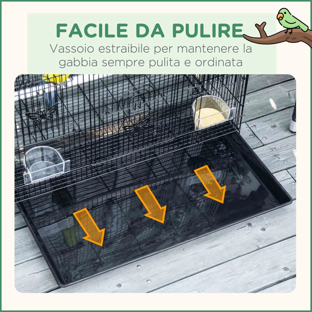 Gabbia per Uccelli 60x41x41 cm con 2 Posatoi e 3 Ingressi in Filo Metallico e Plastica Nero