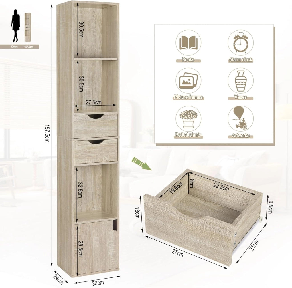 Libreria Scaffale Moderna in Legno, Libreria Verticale con 3 Vani Aperti, 2 Cassetti e 1 Armadietto, Mobile Portaoggetti Portalibri da Terra con Ripiano Regolabile, Legno Chiaro, 30x24x158cm