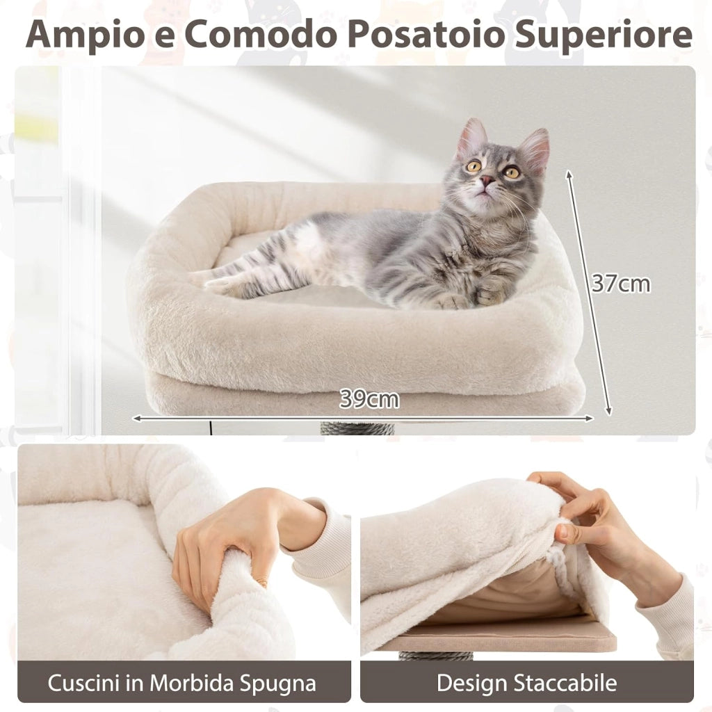 Albero per Gatti a 6 Livelli, Torre per Gatti Alta 171 cm con Cuscino, Condominio, Tappetini Staccabili e Pannello in Sisal, Albero Tiragraffi in Legno con Palla Pompom Appesa