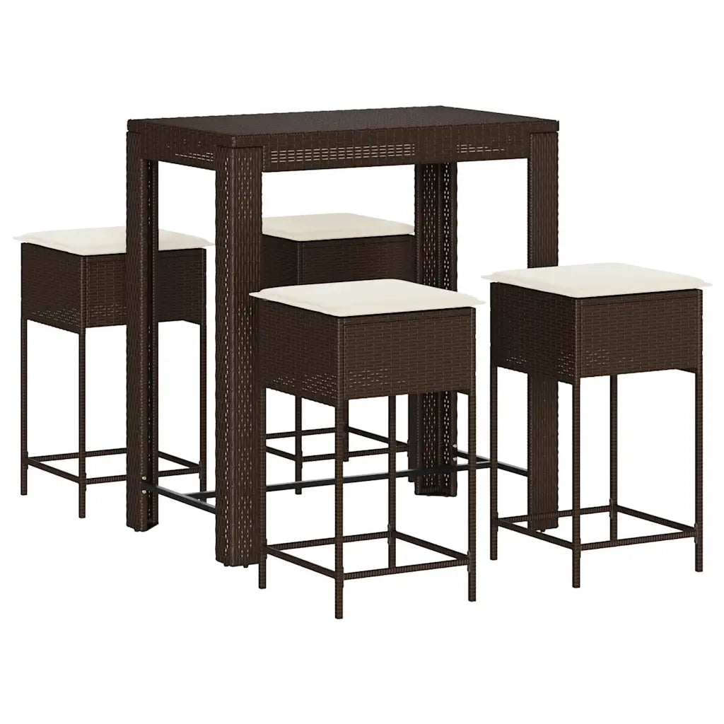 Set Bar da Giardino 5 pz | Set Salotto da Giardino con Cuscini in Polyrattan Marrone