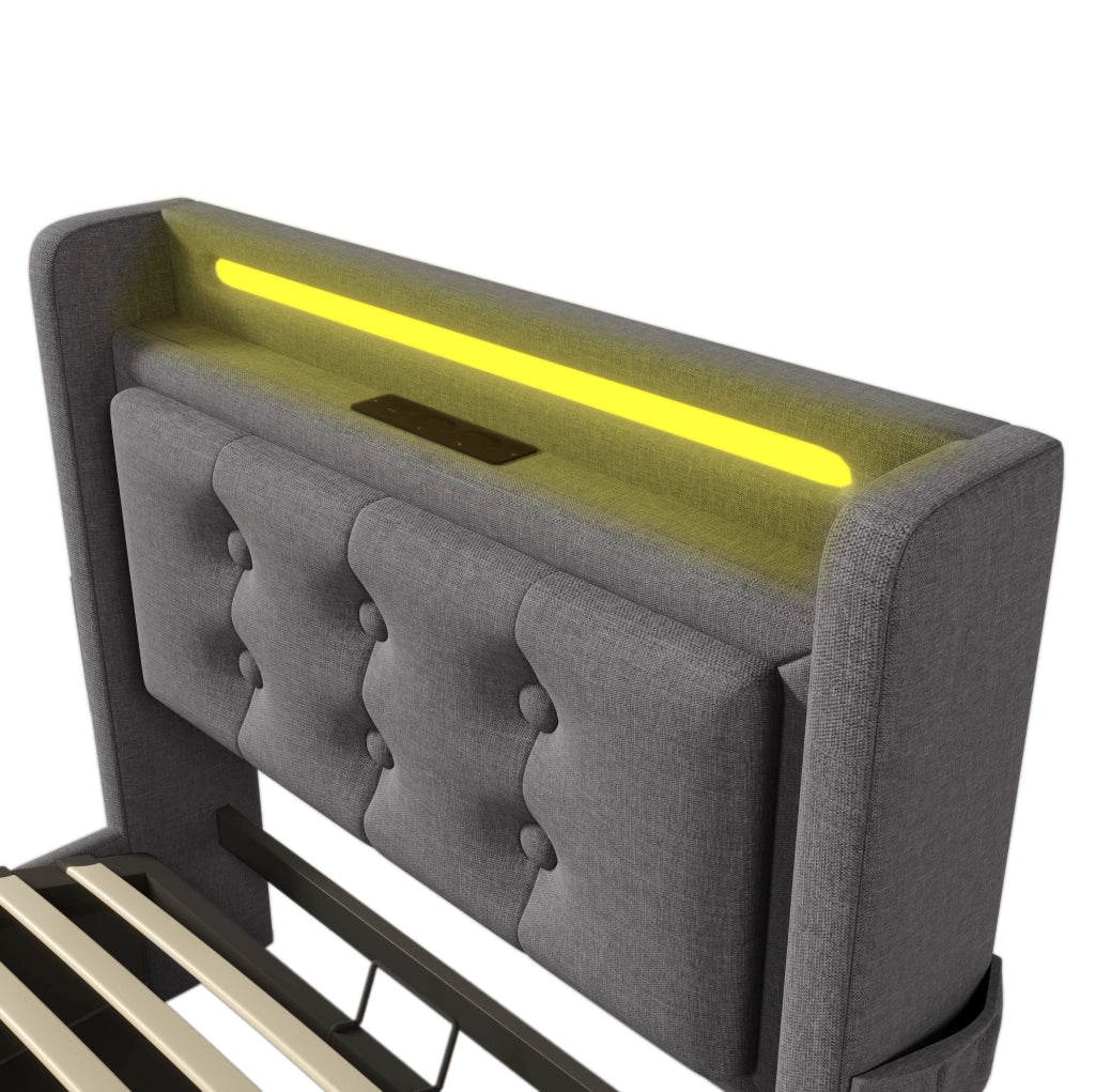 Polsterbett 90x200 mit USB-C; LED und Stauraum; Baumwoll-Leinen; Grau