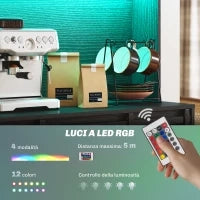 Credenza da Cucina Alta Stile Rustico con 2 Armadietti, Portabottiglie, Prese di Ricarica e Luci LED, Nero