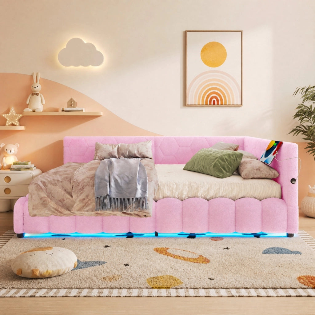 Letto daybed 140x200 cm con contenitore; LED; USB e Type-C; rosa