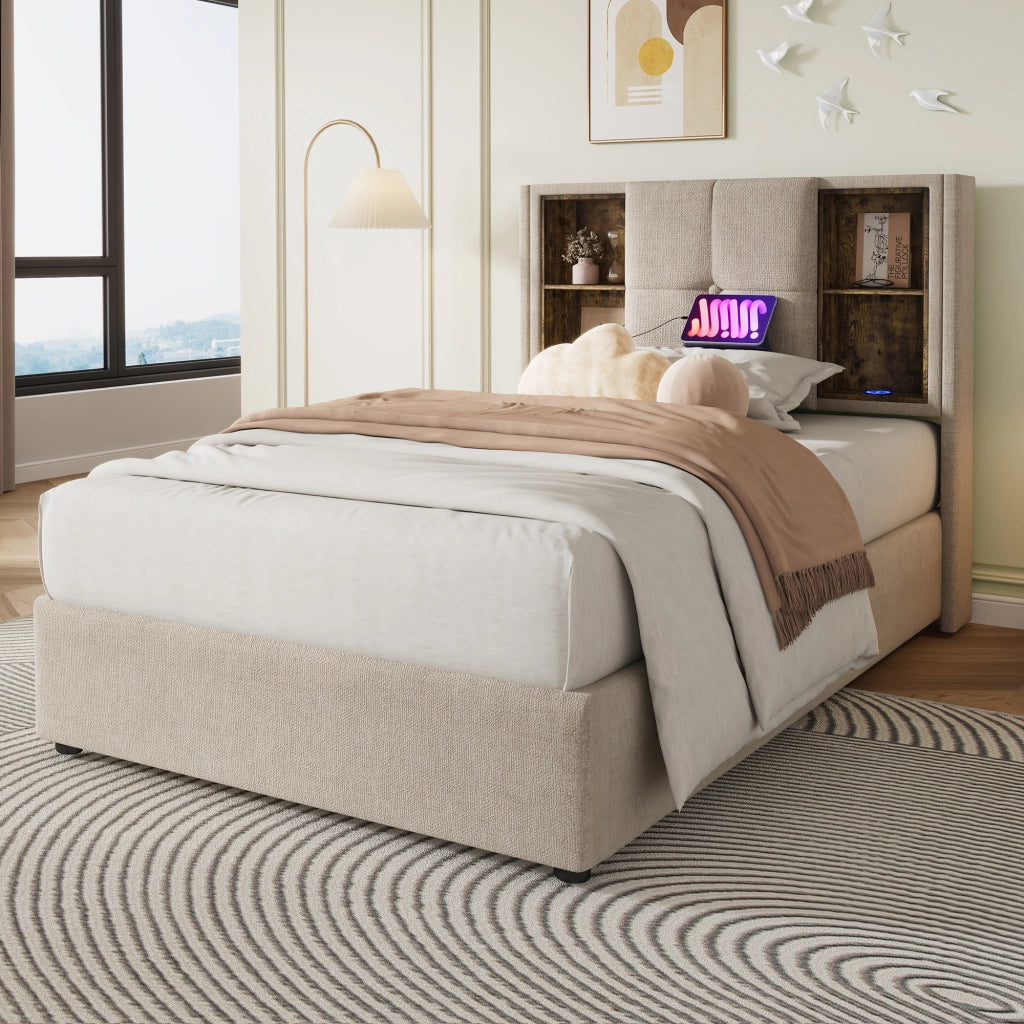LETTO 90x200 cm in lino naturale con ricarica wireless, USB-C e contenitore