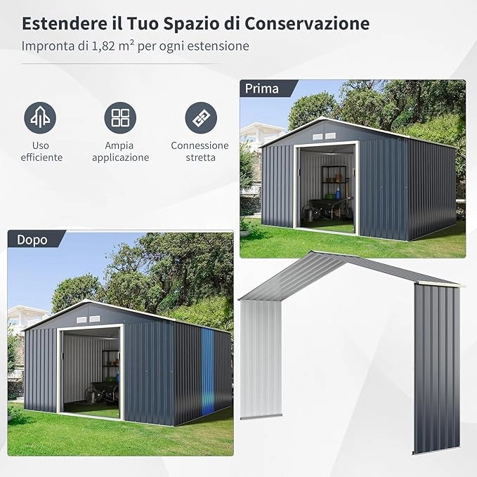 Casetta da Giardino Porta Attrezzi in Lamiera Acciaio Zincato, Capanno da Esterno con Tettoia, Sfilati e Ante Scorrevoli, Adatto a Cortile, Giardino e Fattoria (330 x 64 x 210 cm)
