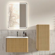 Armadietto da bagno moderno con specchio LED antinebbia e lavabo, mobile sospeso con colonna, in MDF, rovere