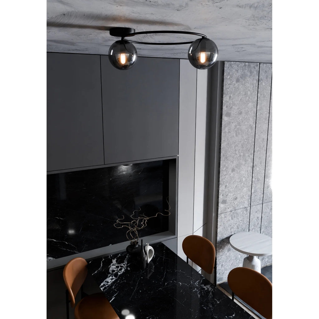 Plafoniera Minimal 2 Luci Perseo In Acciaio Nero E Sfere In Vetro Fumè