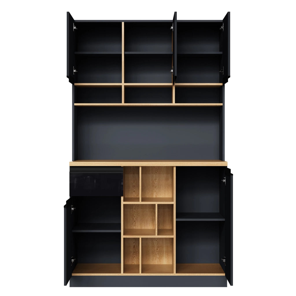 Credenza alta moderna 105×45×185 cm con ante lucide, cassetto, ripiani regolabili e vano aperto