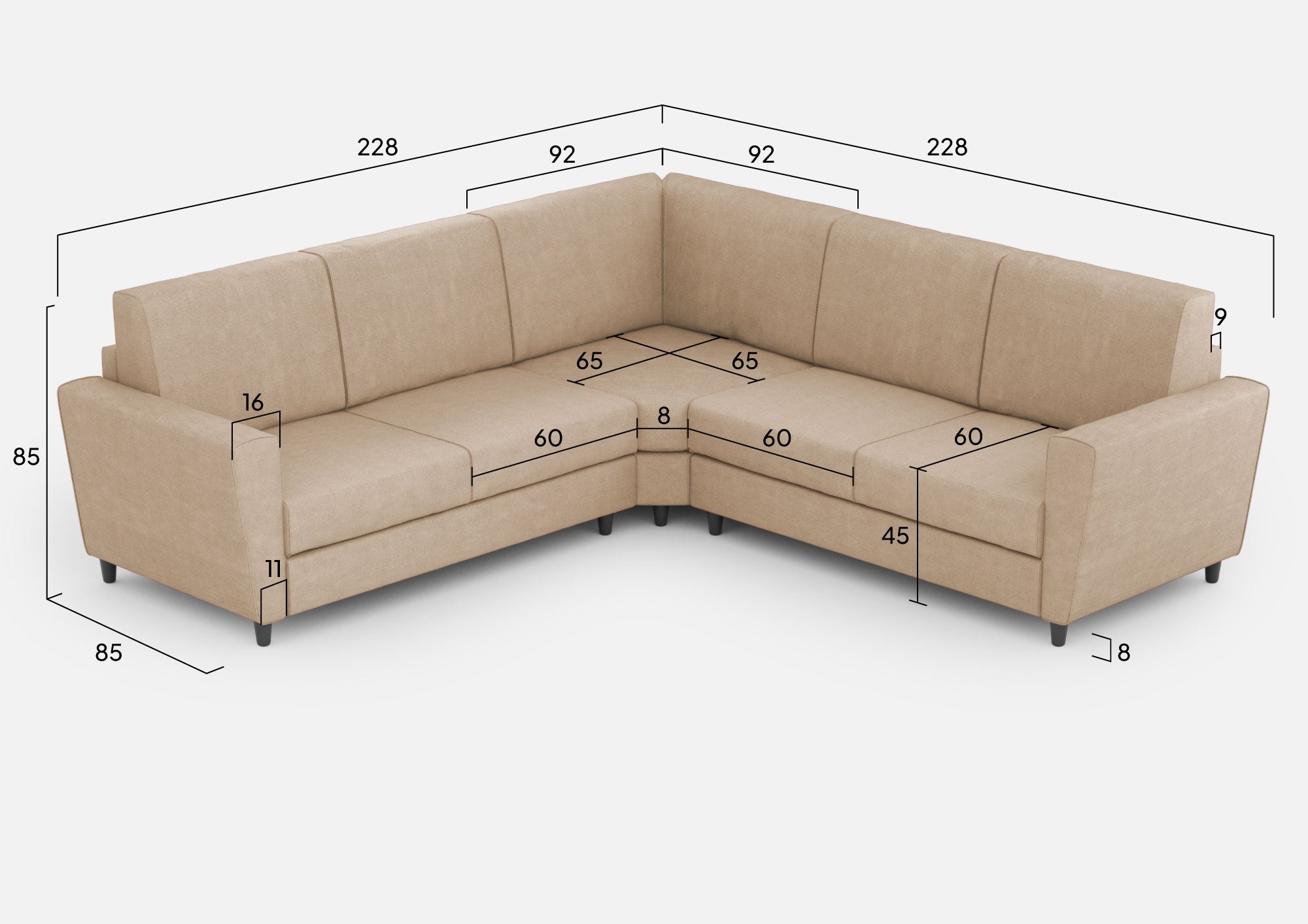 Divano Angolare 5 Posti 228x228x85 cm Yasel in Tessuto Beige