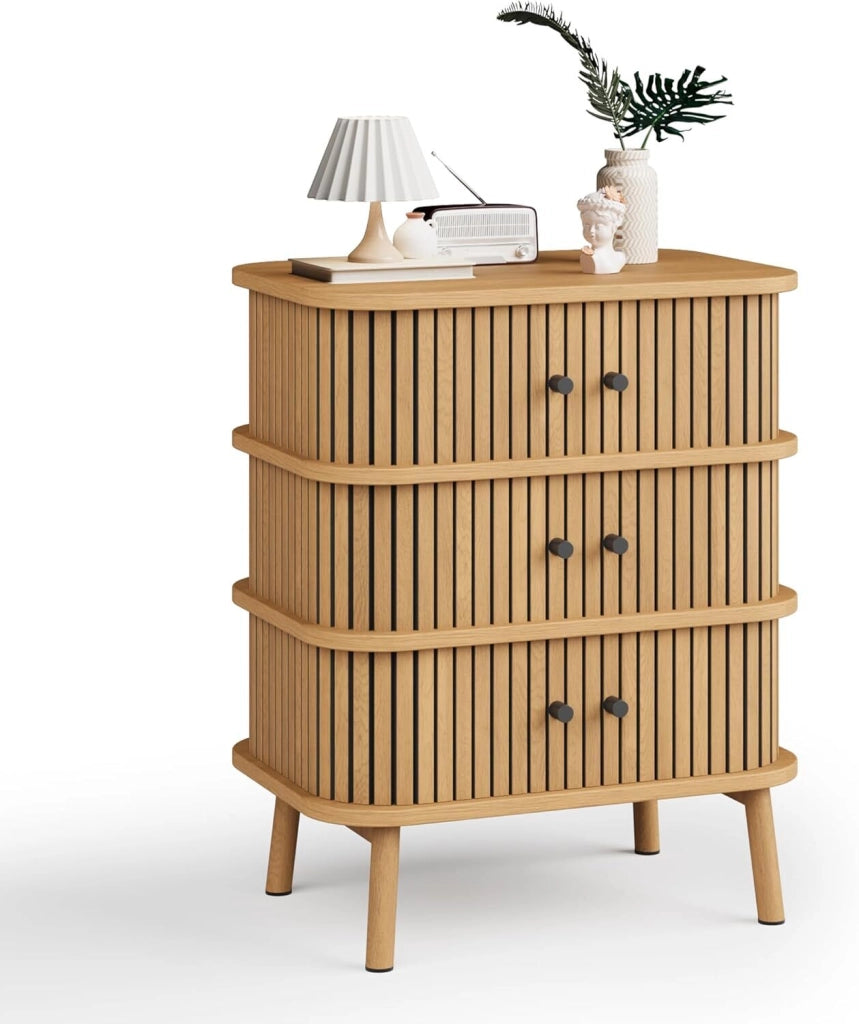 Comodino in Legno Naturale con 3 Ante Scorrevoli Mobiletto Stile Scandinavo Boho 50x40x65cm