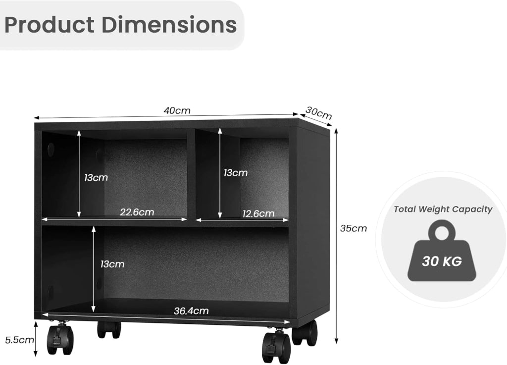 Carrello Porta Stampante con 3 Scomparti Aperti, Mobiletto con Ruote, Supporto per Stampante in Legno, Classificatore per Documenti, Studio, Ufficio, 40x30x35cm, Nero, ASK06sz