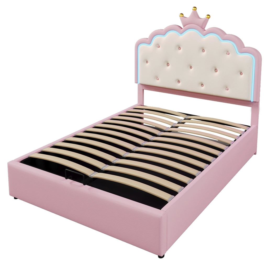 Letto per bambini in PU rosa 140x200 cm con rete a doghe, luce LED, contenitore idraulico, senza materasso