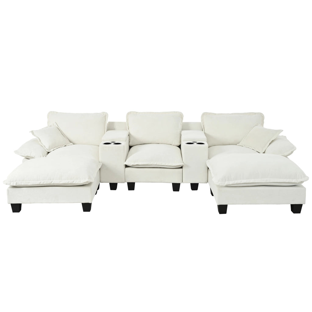 Divano panoramico a U modulare con contenitore; USB; portabicchieri e 2 pouf in chenille beige 323×151×90 cm
