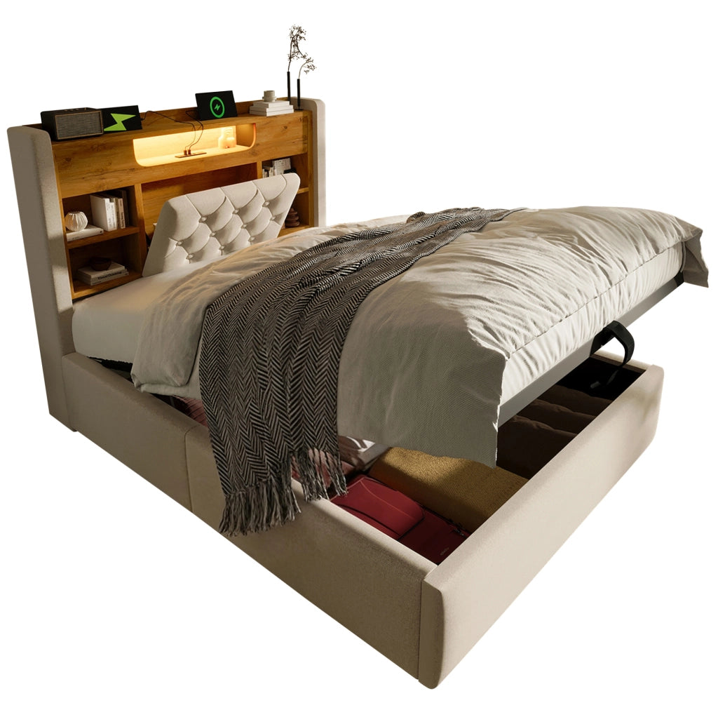 Letto 90x200 cm con contenitore; LED e testiera con ripiani in lino beige