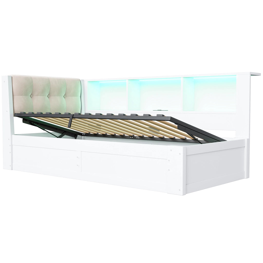 Letto singolo 90x200 cm con contenitore idraulico; LED dimmerabile e mensole; bianco