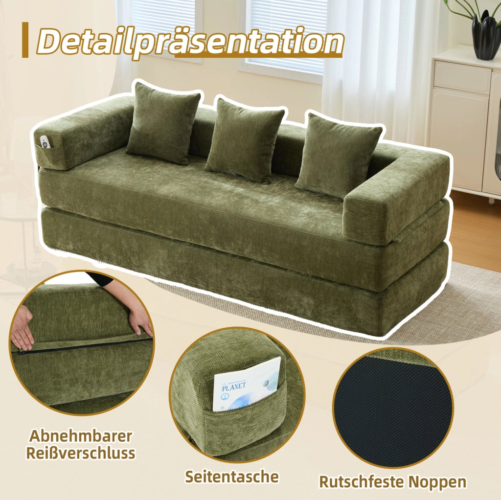 Divano modulare in chenille verde con tasche laterali; 198x79x60 cm; con base antiscivolo