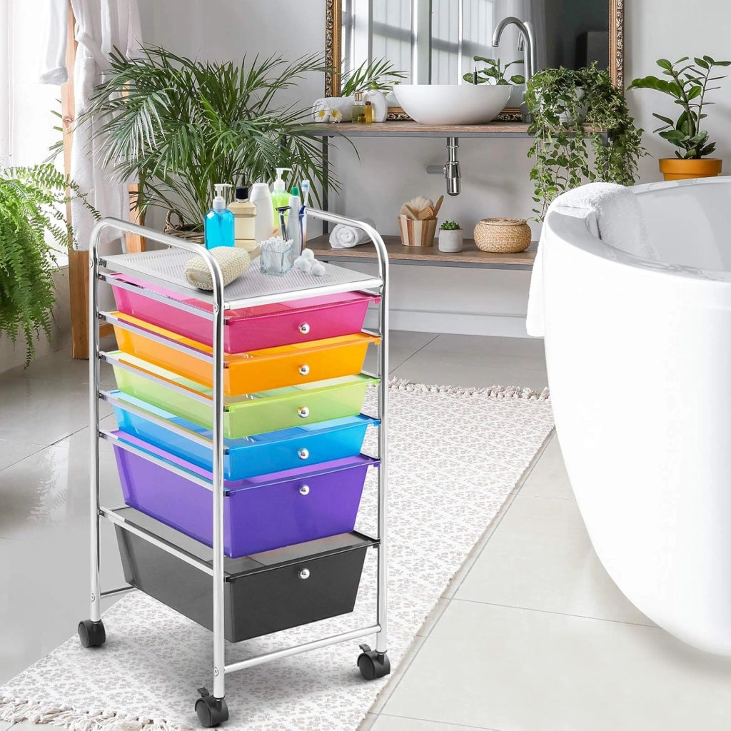 Carrello con 6 Cassetti, Portaoggetti Multistrato, Carrello da Stoccaggio a 6 Ripiani, Contenitore con Ruote, Scaffale Mobile Salvaspazio, 32x37x74 cm, Colorato
