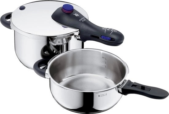 Set di pentola ad induzione, 2 pezzi, pentola a vapore 4,5 l + 3 l, acciaio inox Cromargan lucidato, 2 maniglie, regolatore di cottura a una mano