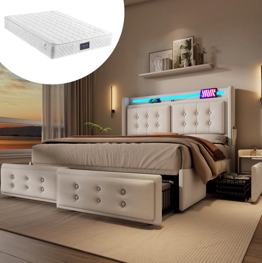 Letto imbottito beige 160 x 200 cm con LED, ricarica e quattro cassetti