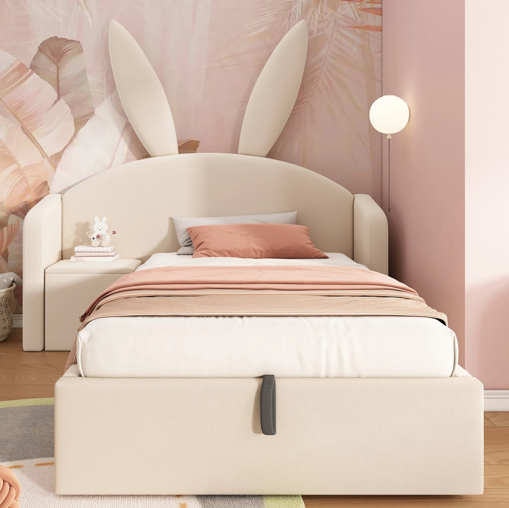 Letto imbottito 90x200 con contenitore idraulico e comodino beige