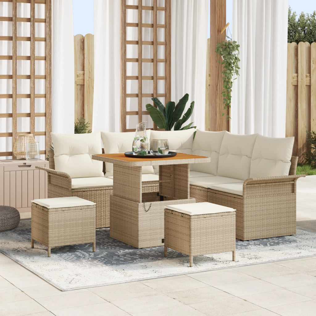 Set Divano da Giardino 8 Pezzi con Cuscini Rattan Beige Polyrattan Acacia