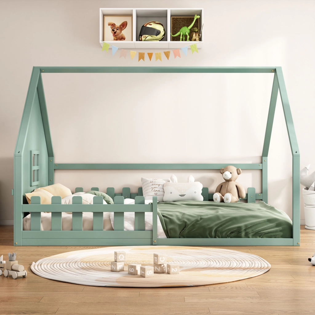 Letto a Casetta 140×200 cm; Letto 2 Posti con Sponda; per Bambini; senza Materasso; in Pino e MDF; Verde
