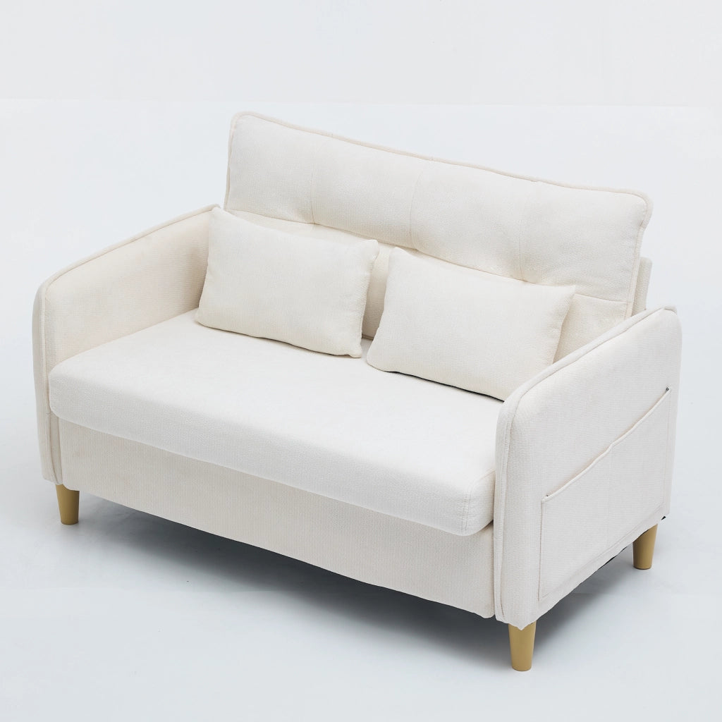 Divano a 2 posti in tessuto chenille Beige, 127 cm, con braccioli e tasche laterali