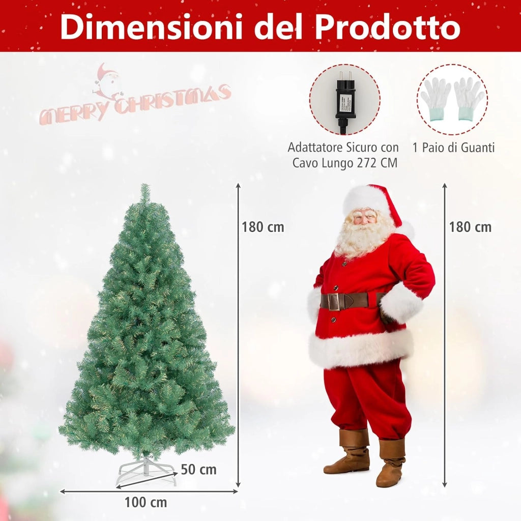 Albero di Natale 180 cm, Albero di Natale Preilluminato con 688 Rami Folti, 250 Luci LED Bianco Caldo, 8 Modalità e Base, Decorazione Natalizia per Casa e Ufficio (Verde, 180 cm)