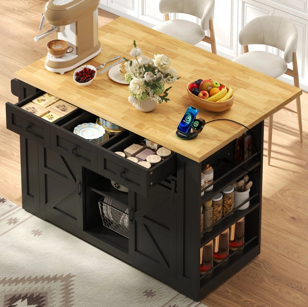 Isola da cucina mobile con piano ribaltabile, 3 cassetti, prese integrate e ripiani laterali, MDF