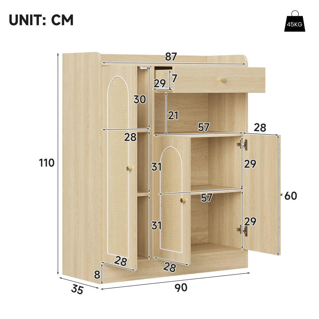 Armadio portascarpe in rattan con 1 cassetto e 3 ante, struttura in MDF e truciolare, colore naturale, 90 x 35 x 110 cm