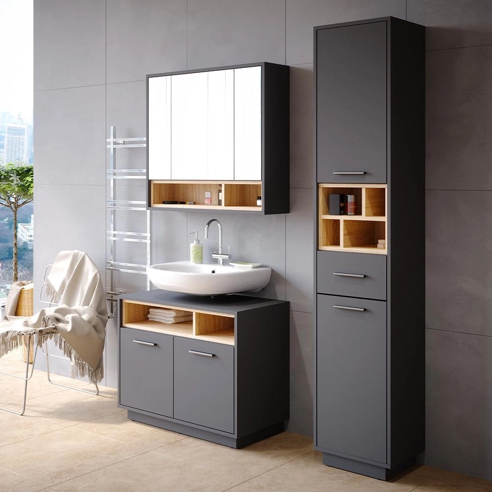 Set mobili bagno Beatrice, Antracite, 80 cm, composto da mobile sottolavabo, specchiera e colonna alta