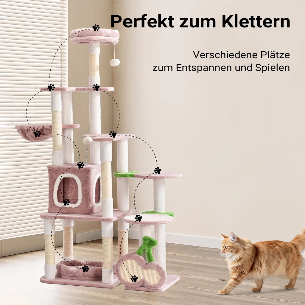 Fudajo Albero tiragraffi Ciliegia 162cm Rosa Con sisal, casetta per gatti e cucce