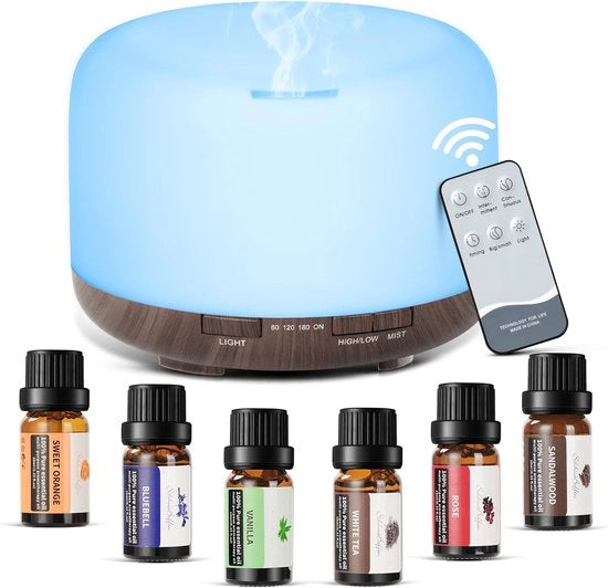 Diffusore Aromaterapico - 500ml Diffusore Ultrasonico con 6 x 10ml Set di Olii Etteriche - Diffusore di Aria con Comando a Distanza - Illuminazione a 7 Colori e Timer