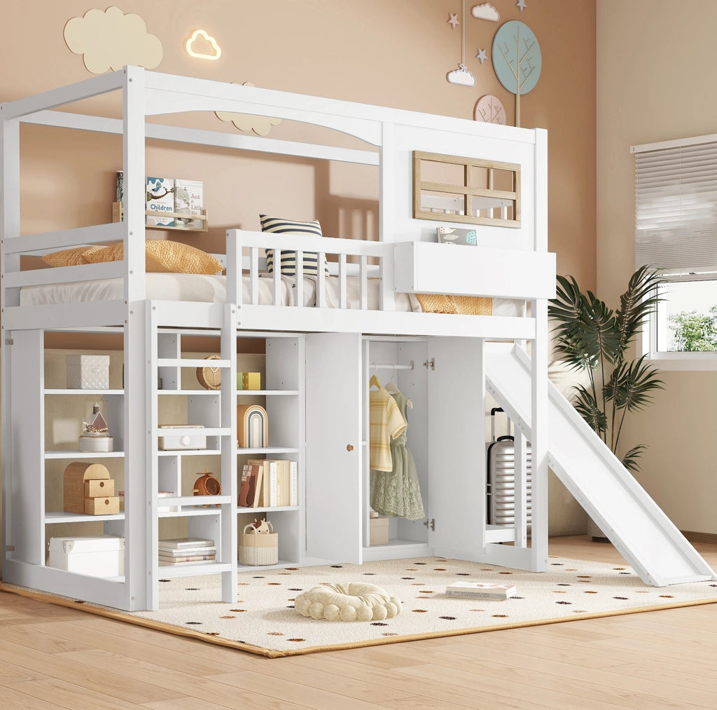 Letto a castello per bambini con scivolo, armadio e scaffali 90x200 cm