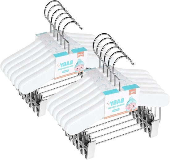 Hangers per abbigliamento in legno con viti per bambini - Set di 12 - Viti a scorrimento - 25 cm - Bianco