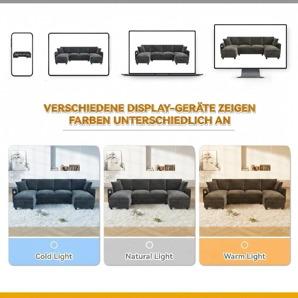 Divano a U in chenille grigio con contenitore e prese USB/Type-C