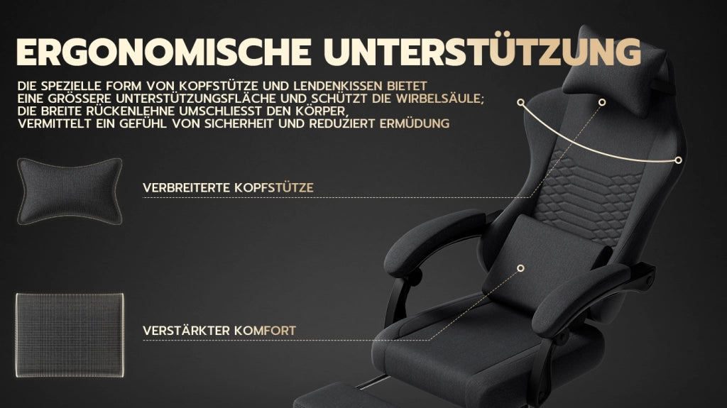 Sedia da ufficio gaming ergonomica con poggiatesta, supporto lombare, poggiapiedi e braccioli in tessuto nero con ruote