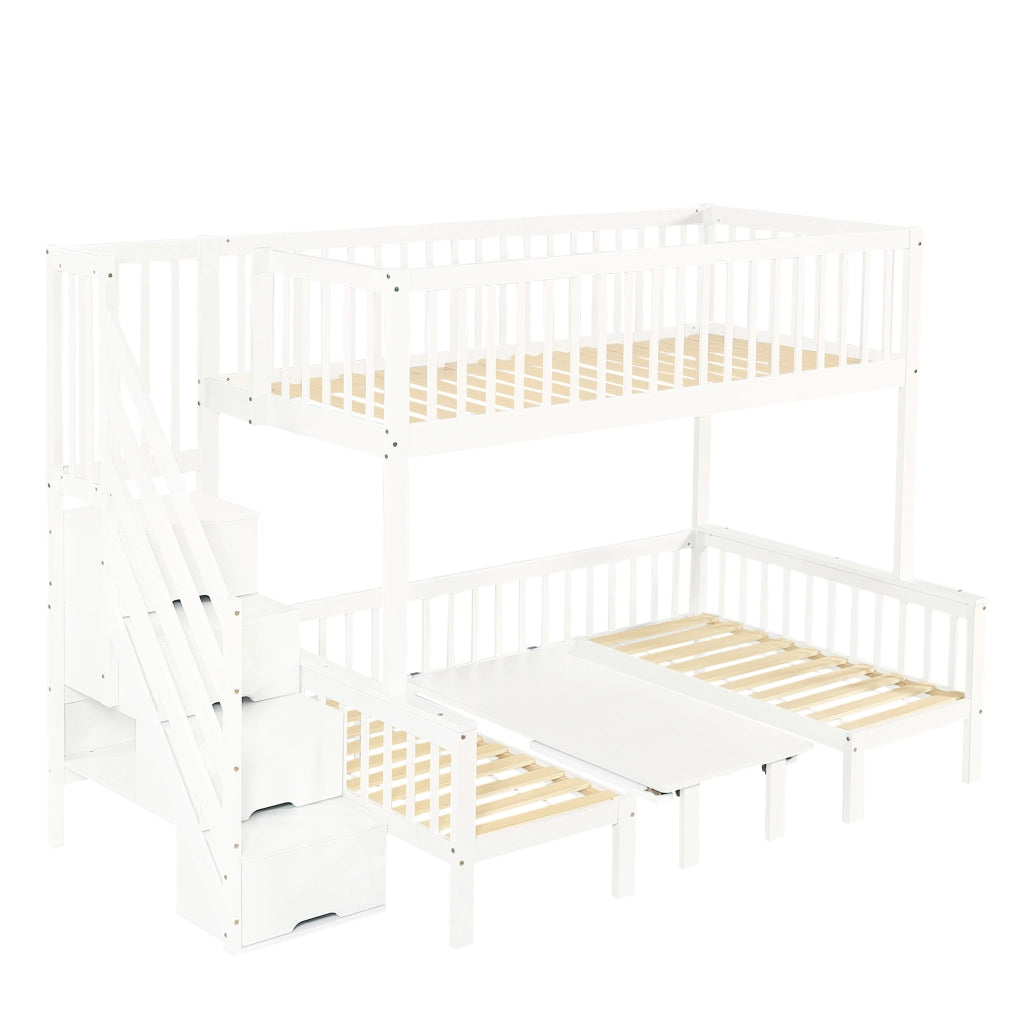 Letto a castello con scrivania pieghevole e scala contenitore 90x200/120x200 cm in legno e MDF bianco