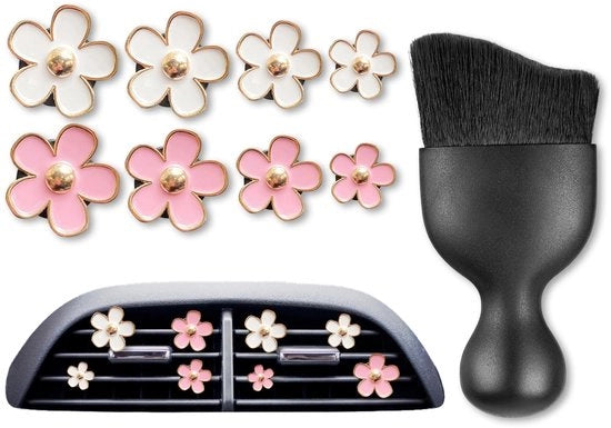 Accessori auto per l'abitacolo femminile, 8 clip Daisy + 1 spazzola di pulizia nera, gadget auto per l'abitacolo, set di pulitori auto per decorazione interiore di lusso, diffusore auto