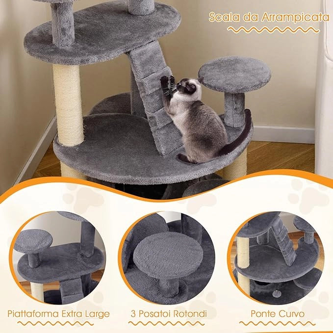Albero per Gatti Adulti, Torre per Gatti Alta 101 cm con Condominio, Piattaforma Imbottita, Tiragraffi, Pallina di Peluche Pendente e Scala, Albero Tiragraffi in Legno per Interno (Grigio)