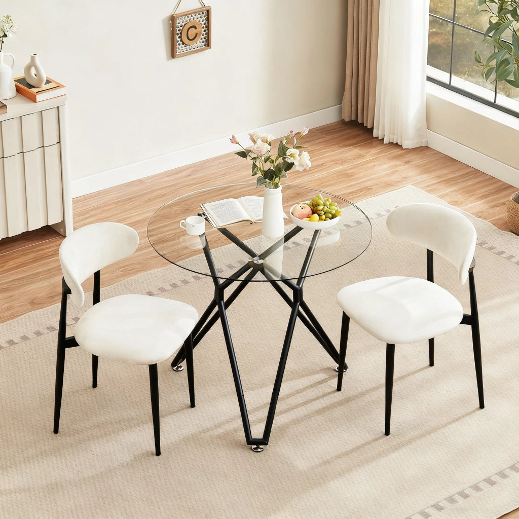Tavolo da pranzo rotondo in vetro temperato con gambe in metallo per sala da pranzo e soggiorno nero 90 cm