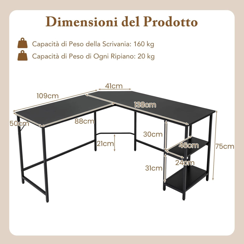 Scrivania Angolare 138 CM, Scrivania ad Angolo con 2 Prese, 2 Porte USB, Telaio in Acciaio al Carbonio e Ripiano a 2 Livelli Rimovibile, Scrivania Salvaspazio da Ufficio e Casa (Nero)
