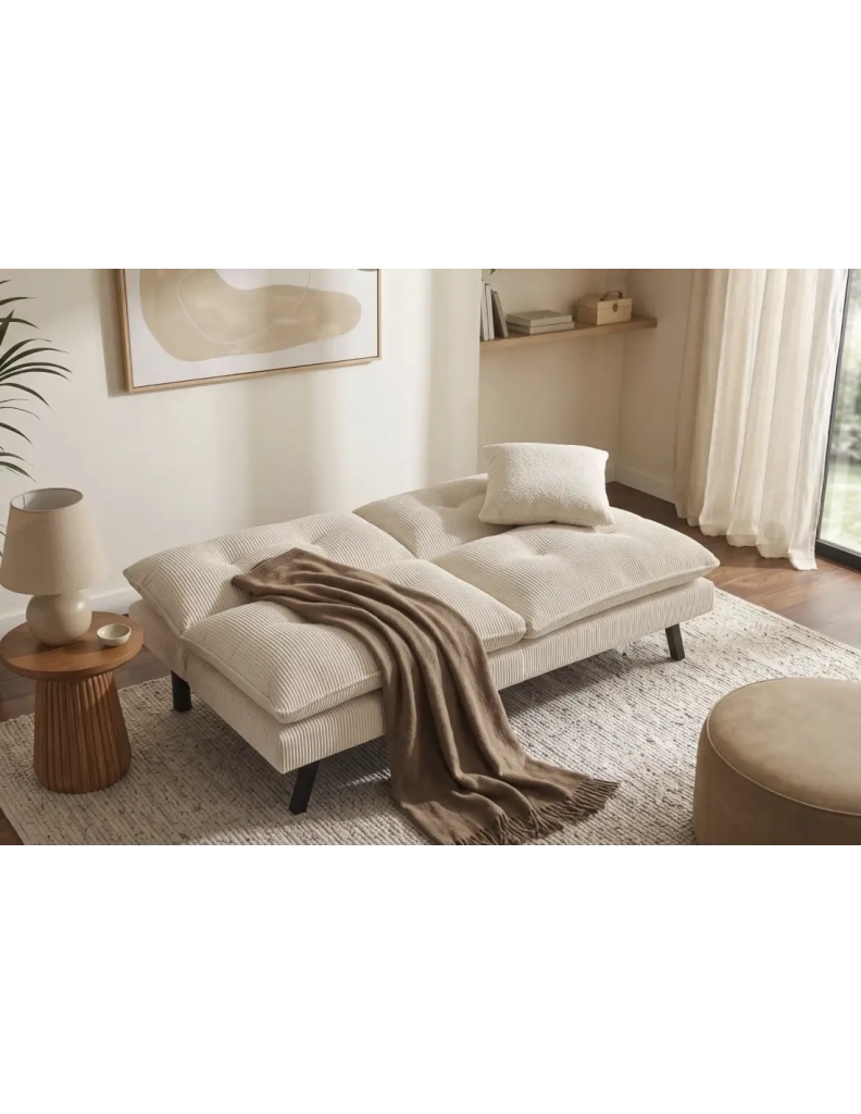 Divano letto AZENA 3 posti in tessuto a coste – Beige chiaro e nero – 190 x 80 x 90 cm