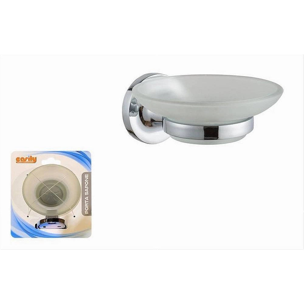 Trade Shop - Portasapone Saponetta Da Parete In Acciaio Piattino Tondo In Vetro Satinato 79803 -
