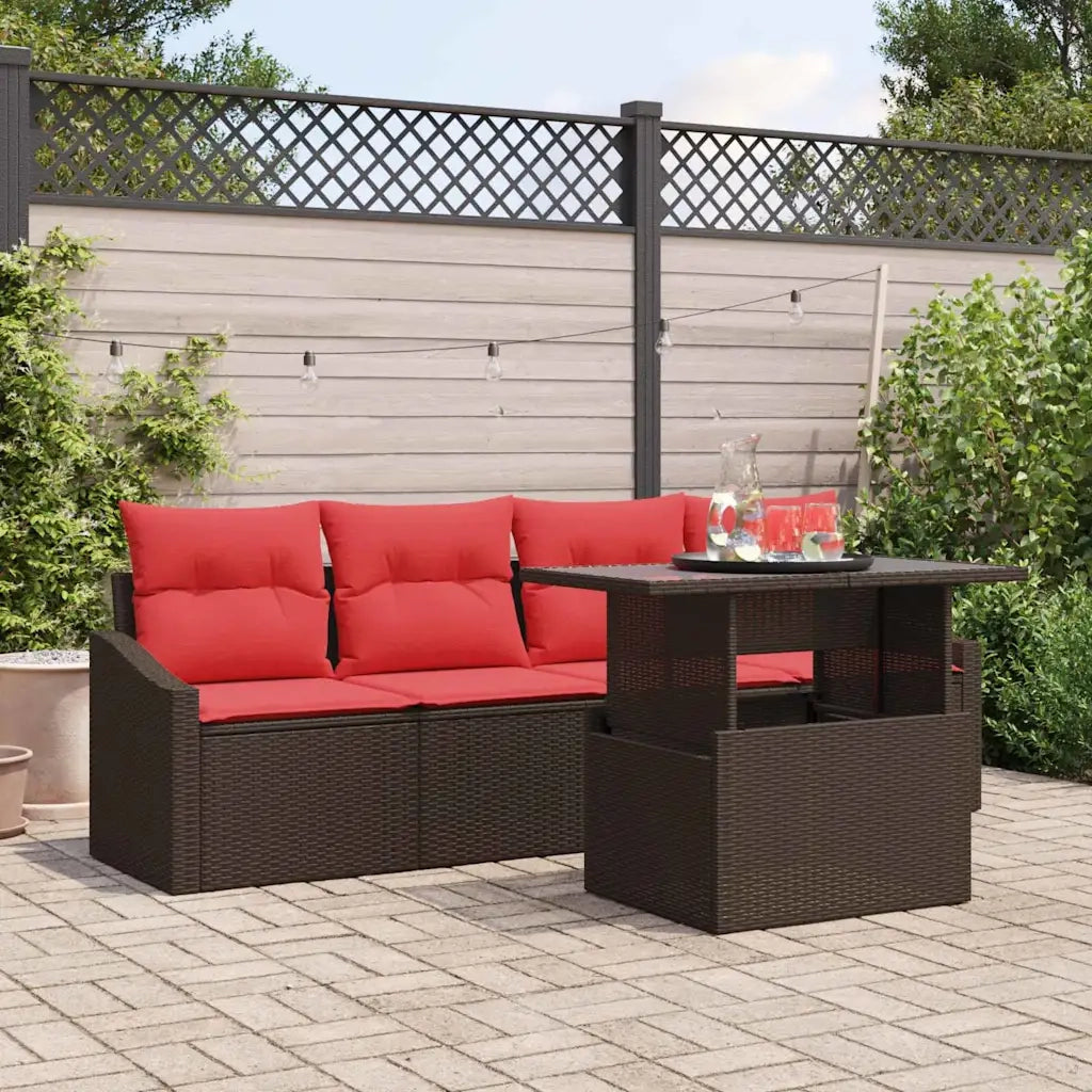 Set Divano da Giardino 5 pz 4-Numero di posti Marrone e Rosso 3348910
