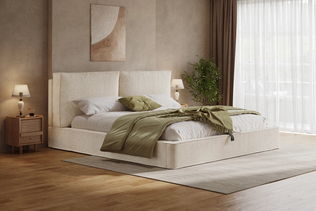 Letto matrimoniale imbottito 180x200 cm in corduroy beige con contenitore idraulico, testiera 105 cm e rete a doghe