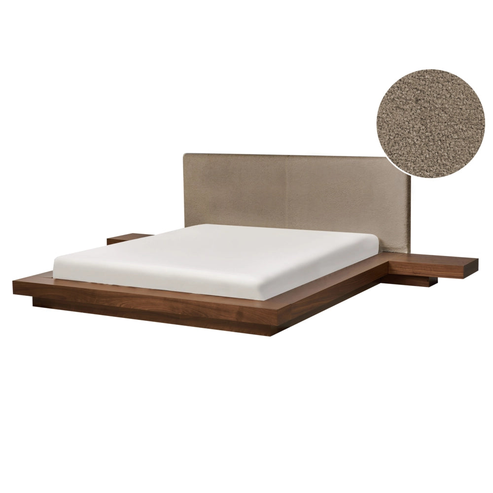 Letto matrimoniale ad acqua con testata e comodini in legno e tessuto bouclé tortora 160 x 200 cm stile giapponese