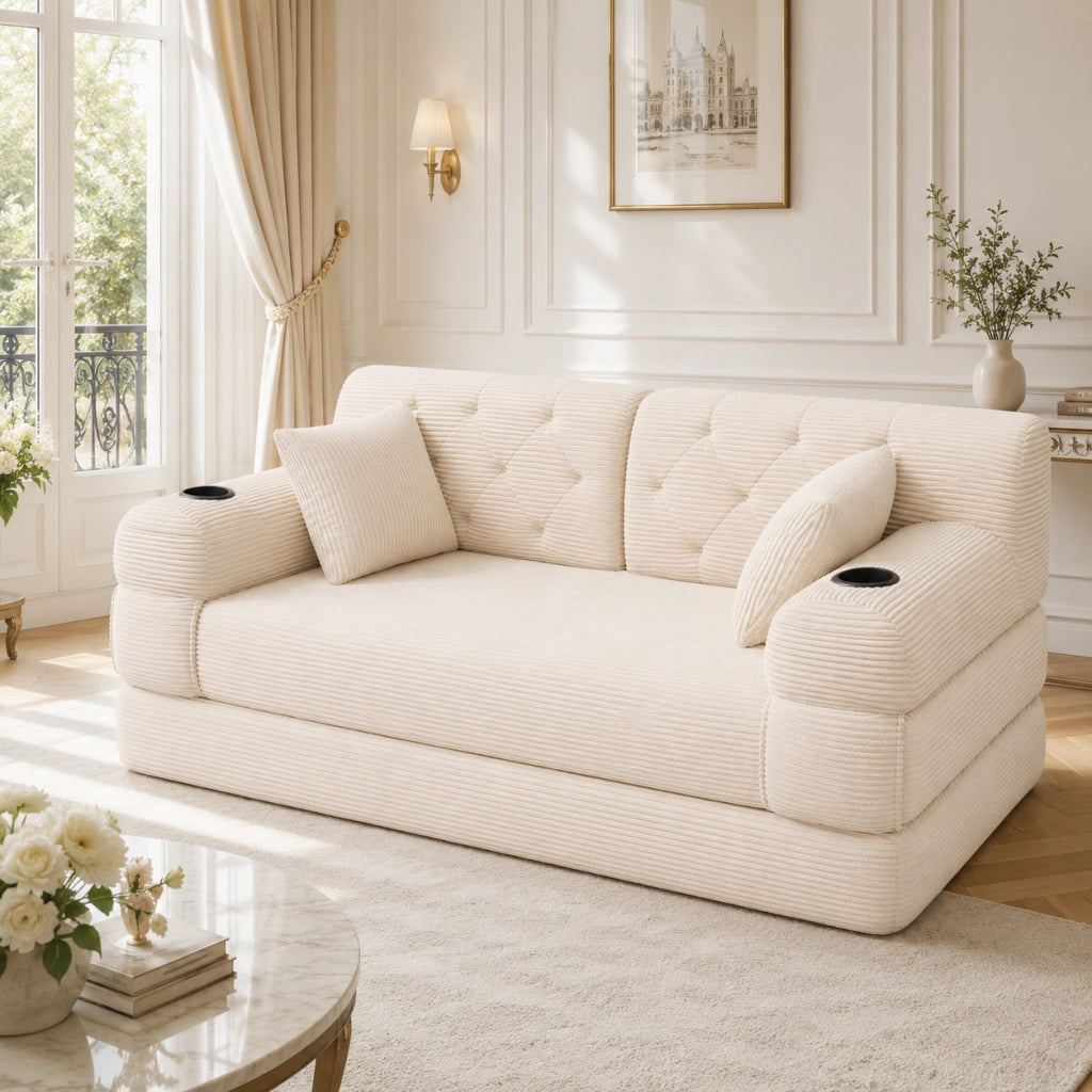 Divano letto compatto 2 posti con schienale alto, tasche laterali e portabicchieri in tessuto cord beige