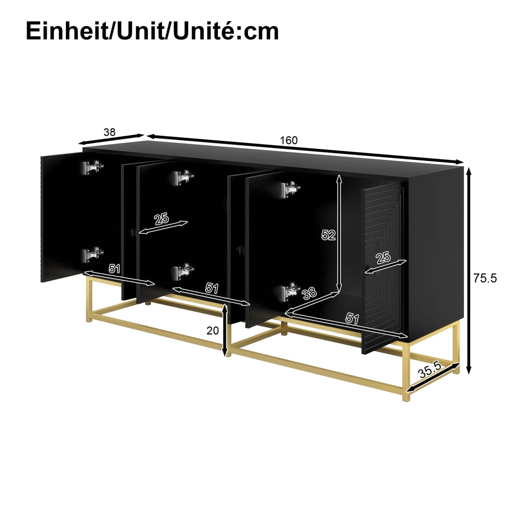 Credenza con 3 Ante Doppie; Frontali a Rilievo; Finitura Opaca; Ampio Contenimento; 160??38??75;5 cm; Truciolare; Nero